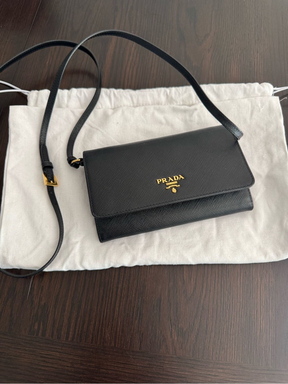 Prada Black Saffiano Crossbody Wallet with Gold Logo